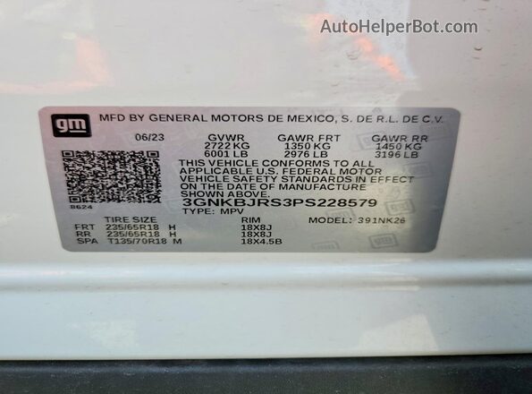 3GNKBJRS3PS228579 2023 CHEVROLET BLAZER Белый Вид наклейки с VIN-кодом