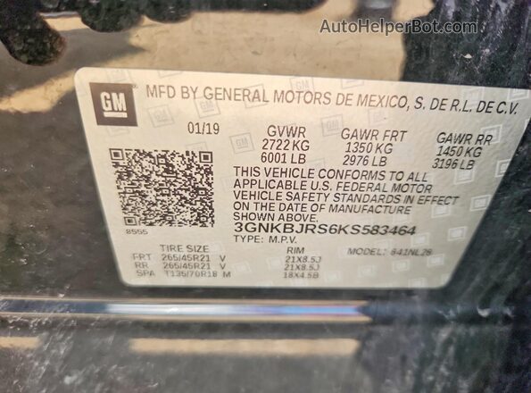 3GNKBJRS6KS583464 2019 CHEVROLET BLAZER Black Вид наклейки з VIN-кодом