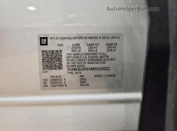 3GNKBJRSXMS510021 2021 CHEVROLET BLAZER Серебряный Вид подкапотного пространства