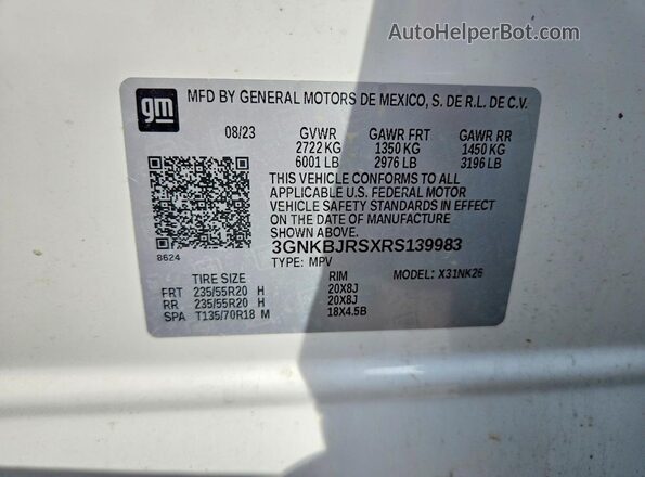 3GNKBJRSXRS139983 2024 CHEVROLET BLAZER Белый Вид наклейки с VIN-кодом