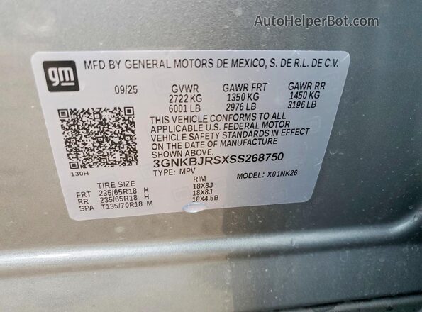 3GNKBJRSXSS268750 2025 CHEVROLET BLAZER Silver Вид наклейки з VIN-кодом