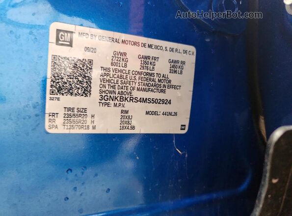 3GNKBKRS4MS502924 2021 CHEVROLET BLAZER Blue Vista de la etiqueta del VIN