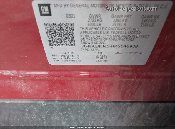 3GNKBKRS4MS546938 2021 CHEVROLET BLAZER Красный Вид подкапотного пространства