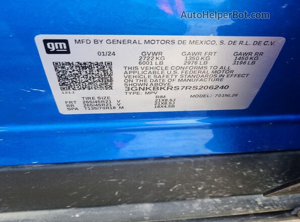 3GNKBKRS7RS206240 2024 CHEVROLET BLAZER Blue VIN კოდის სტიკერის ხედი