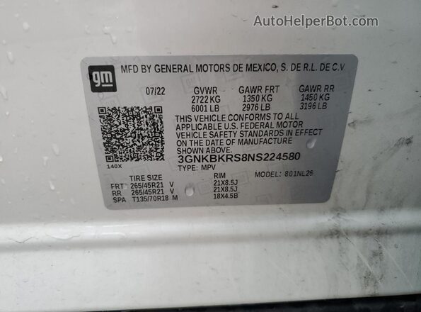 3GNKBKRS8NS224580 2022 CHEVROLET BLAZER White Вид наклейки з VIN-кодом
