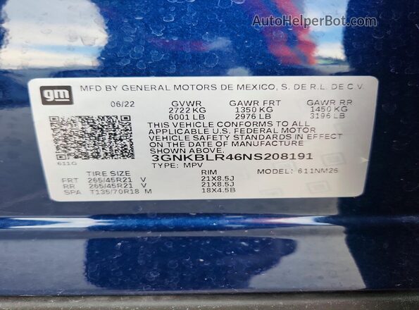 3GNKBLR46NS208191 2022 CHEVROLET BLAZER Blue Շարժիչի բաժամունքի տեսք