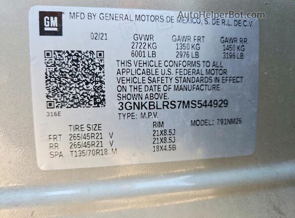 3GNKBLRS7MS544929 2021 CHEVROLET BLAZER Серый Вид наклейки с VIN-кодом