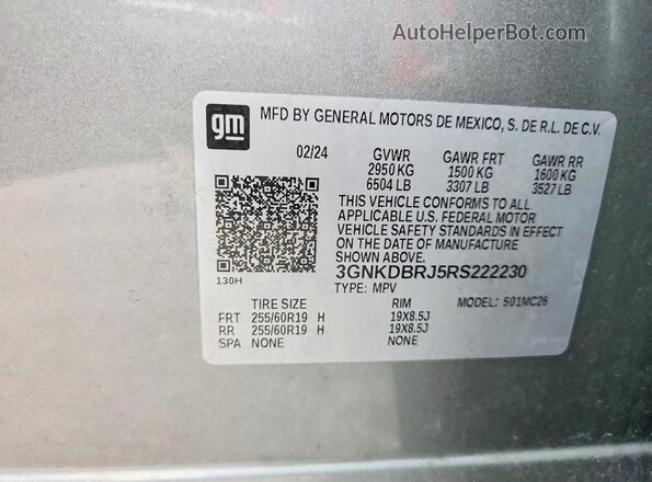 3GNKDBRJ5RS222230 2024 CHEVROLET BLAZER Gray Widok naklejki z numerem VIN