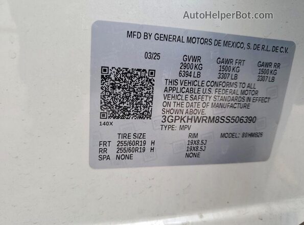 3GPKHWRM8SS506390 2025 HONDA PROLOGUE White VIN კოდის სტიკერის ხედი
