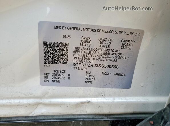 3GPKHZRJ3SS500696 2025 HONDA PROLOGUE White Vista de la etiqueta del VIN