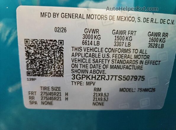 3GPKHZRJ7TS507975 2026 HONDA PROLOGUE Blue Vista de la etiqueta del VIN