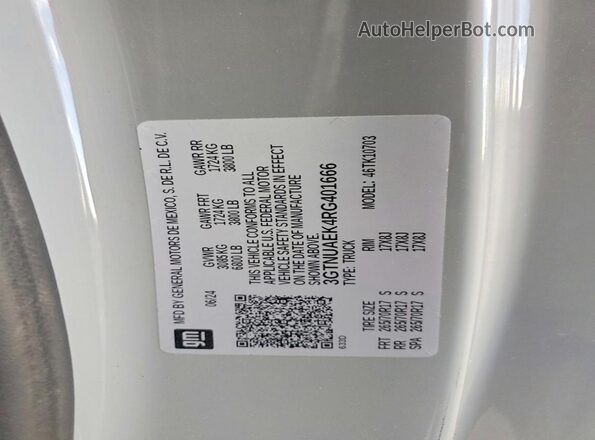 3GTNUAEK4RG401666 2024 GMC SIERRA Silver Vista de la etiqueta del VIN