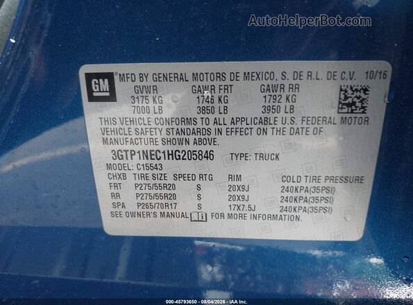 3GTP1NEC1HG205846 2017 GMC SIERRA Blue ძრავის განყოფილების ხედი