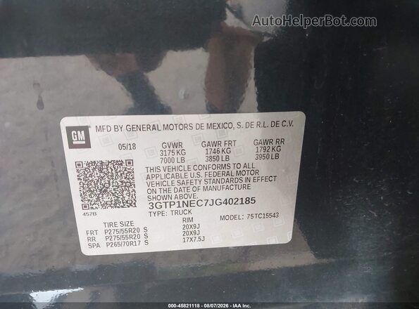 3GTP1NEC7JG402185 2018 GMC SIERRA Gray Vista del compartimento del motor
