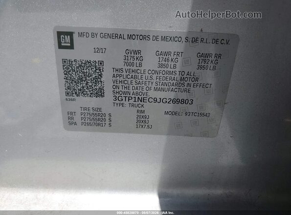 3GTP1NEC9JG269803 2018 GMC SIERRA Silver Vista del compartimento del motor