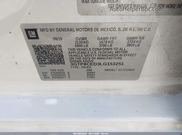 3GTP8CED3LG153251 2020 GMC SIERRA White Вид підкапотного простору