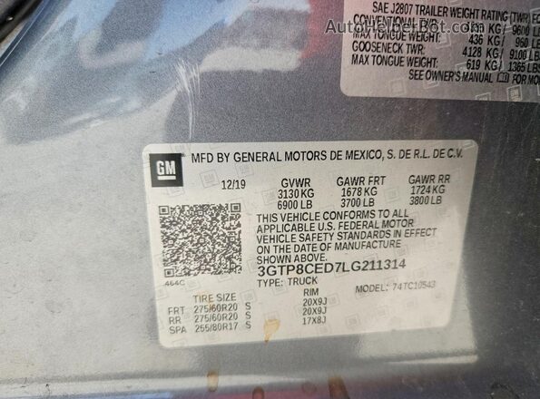 3GTP8CED7LG211314 2020 GMC SIERRA Gray Vista del compartimento del motor