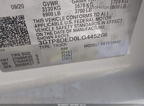 3GTP8DED0LG445266 2020 GMC SIERRA Белый Вид подкапотного пространства