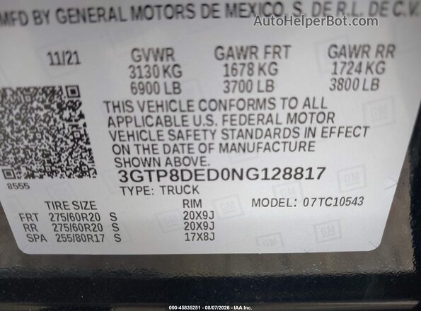 3GTP8DED0NG128817 2022 GMC SIERRA Черный Вид подкапотного пространства