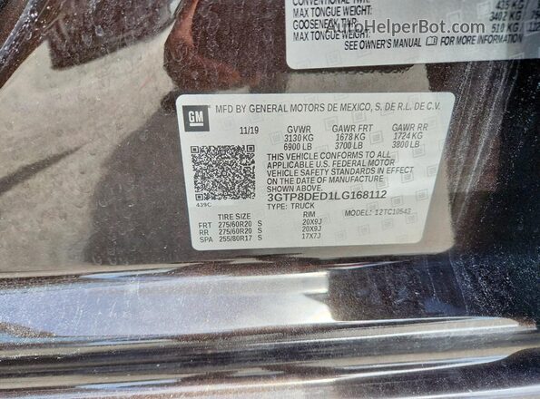 3GTP8DED1LG168112 2020 GMC SIERRA Black ძრავის განყოფილების ხედი