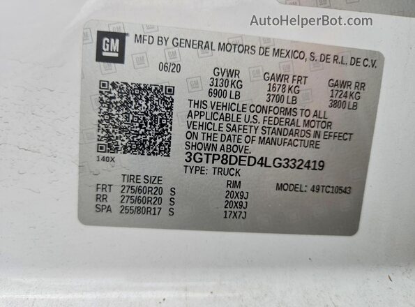 3GTP8DED4LG332419 2020 GMC SIERRA White Widok komory silnika