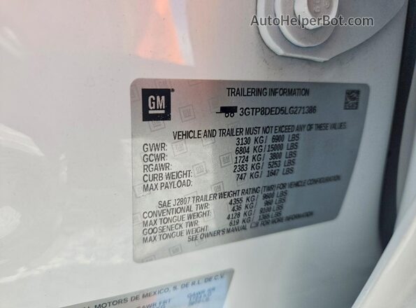 3GTP8DED5LG271386 2020 GMC SIERRA White Вид підкапотного простору