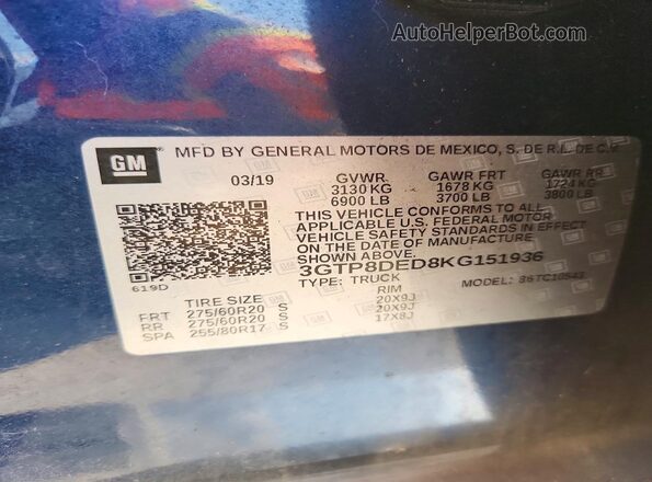 3GTP8DED8KG151936 2019 GMC SIERRA Blue Engine compartment view