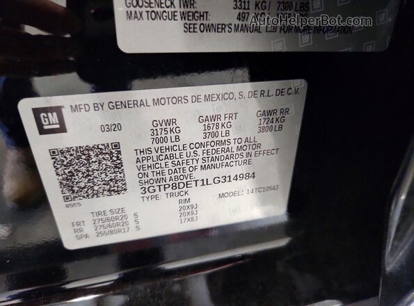 3GTP8DET1LG314984 2020 GMC SIERRA Black Widok komory silnika