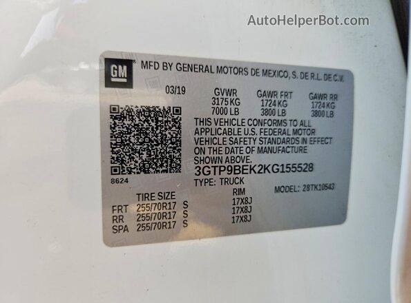 3GTP9BEK2KG155528 2019 GMC SIERRA White Widok komory silnika