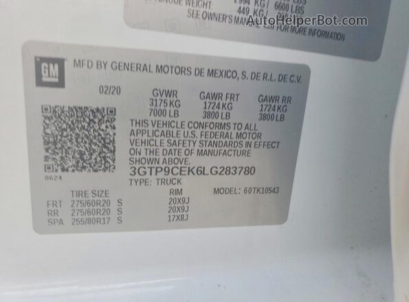 3GTP9CEK6LG283780 2020 GMC SIERRA White Widok komory silnika