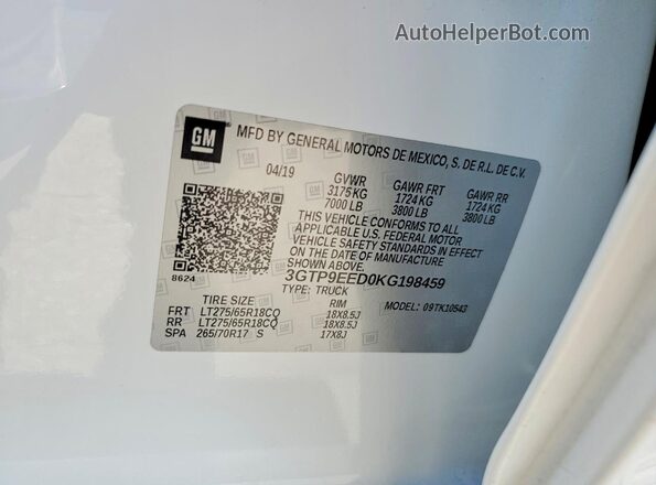 3GTP9EED0KG198459 2019 GMC SIERRA White VIN sticker view