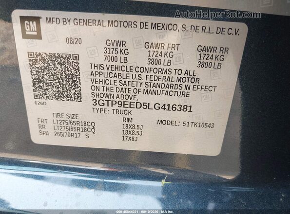 3GTP9EED5LG416381 2020 GMC SIERRA Gray Շարժիչի բաժամունքի տեսք