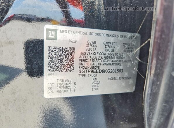 3GTP9EED9KG281503 2019 GMC SIERRA Gray VIN sticker view