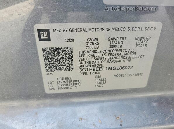 3GTP9EEL1MG186072 2021 GMC SIERRA Gray Widok komory silnika