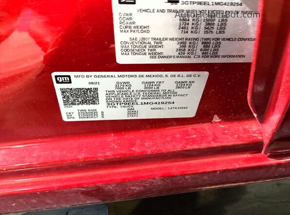 3GTP9EEL1MG419254 2021 GMC SIERRA Red Շարժիչի բաժամունքի տեսք
