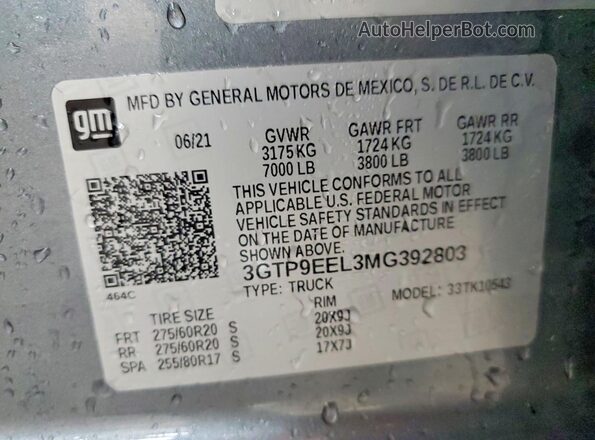 3GTP9EEL3MG392803 2021 GMC SIERRA Silver Widok naklejki z numerem VIN