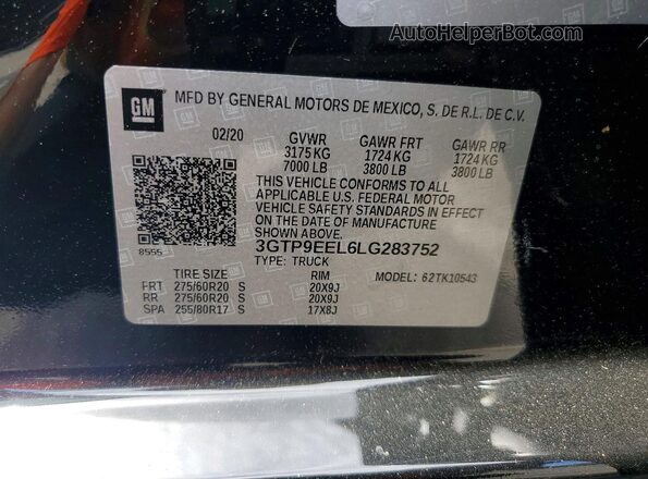 3GTP9EEL6LG283752 2020 GMC SIERRA Black Вид підкапотного простору
