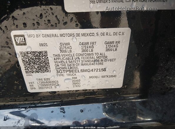 3GTP9EEL6MG472158 2021 GMC SIERRA Black Շարժիչի բաժամունքի տեսք
