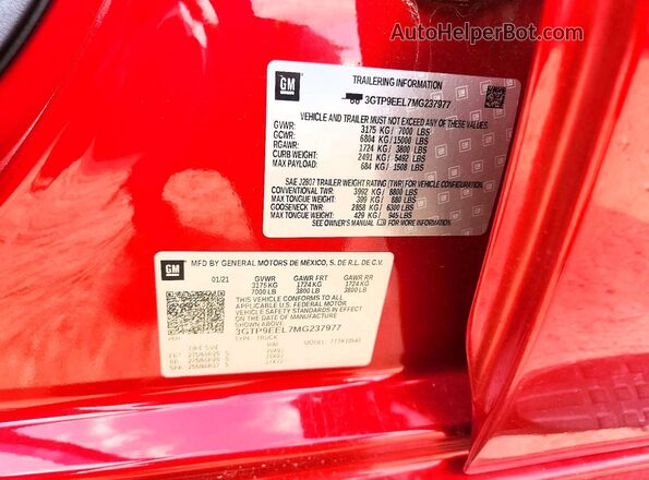 3GTP9EEL7MG237977 2021 GMC SIERRA Red Вид підкапотного простору