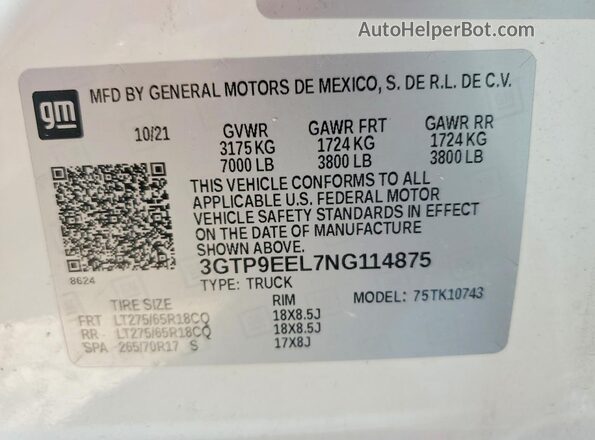 3GTP9EEL7NG114875 2022 GMC SIERRA White Շարժիչի բաժամունքի տեսք