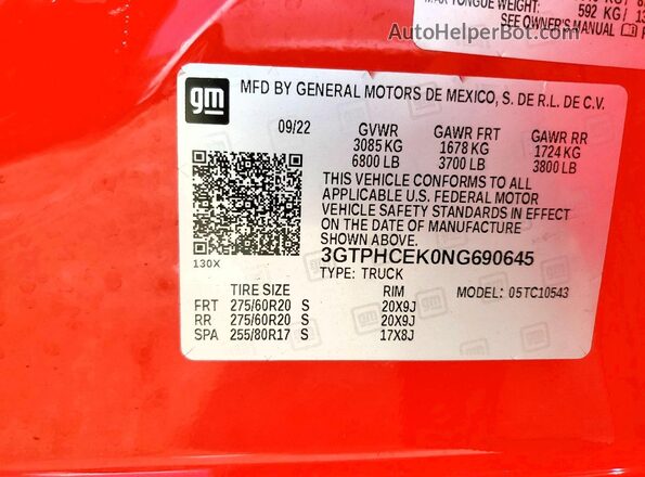 3GTPHCEK0NG690645 2022 GMC SIERRA Red Widok naklejki z numerem VIN