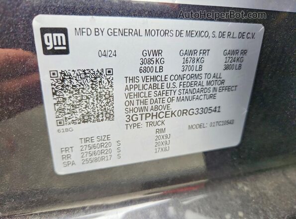 3GTPHCEK0RG330541 2024 GMC SIERRA Black VIN կոդի պիտակի տեսք