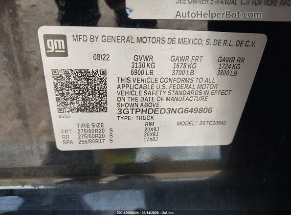 3GTPHDED3NG649806 2022 GMC SIERRA Black Вид підкапотного простору