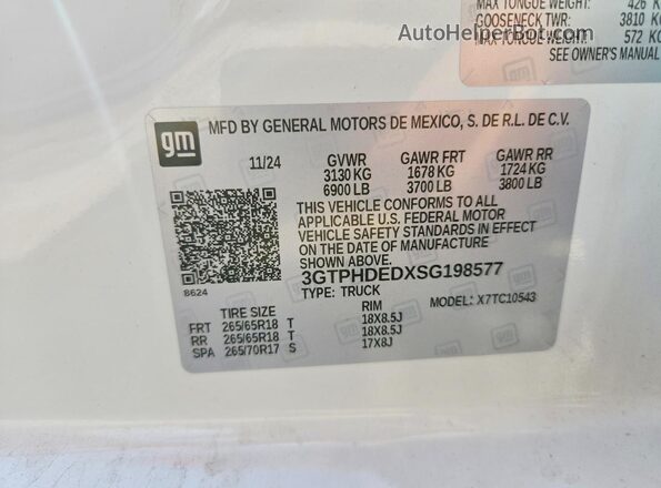 3GTPHDEDXSG198577 2025 GMC SIERRA White Widok naklejki z numerem VIN