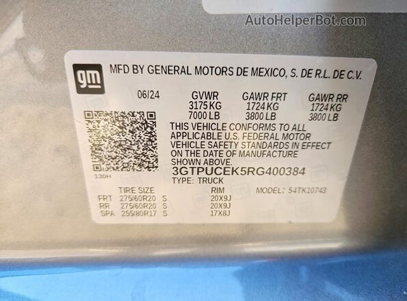 3GTPUCEK5RG400384 2024 GMC SIERRA Gray Widok naklejki z numerem VIN