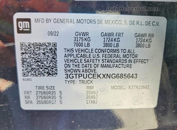 3GTPUCEKXNG685643 2022 GMC SIERRA Black Vista del compartimento del motor