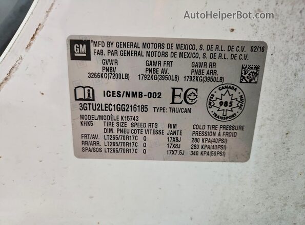 3GTU2LEC1GG216185 2016 GMC SIERRA White Вид підкапотного простору