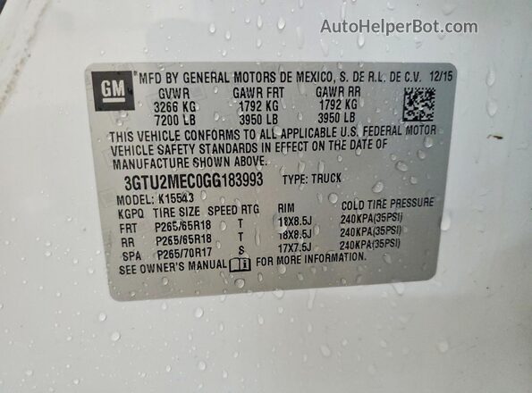 3GTU2MEC0GG183993 2016 GMC SIERRA White VIN კოდის სტიკერის ხედი