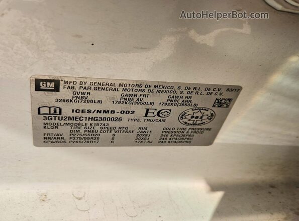 3GTU2MEC1HG380026 2017 GMC SIERRA White Вид підкапотного простору