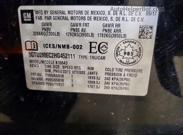 3GTU2MEC2HG452111 2017 GMC SIERRA Black Widok komory silnika